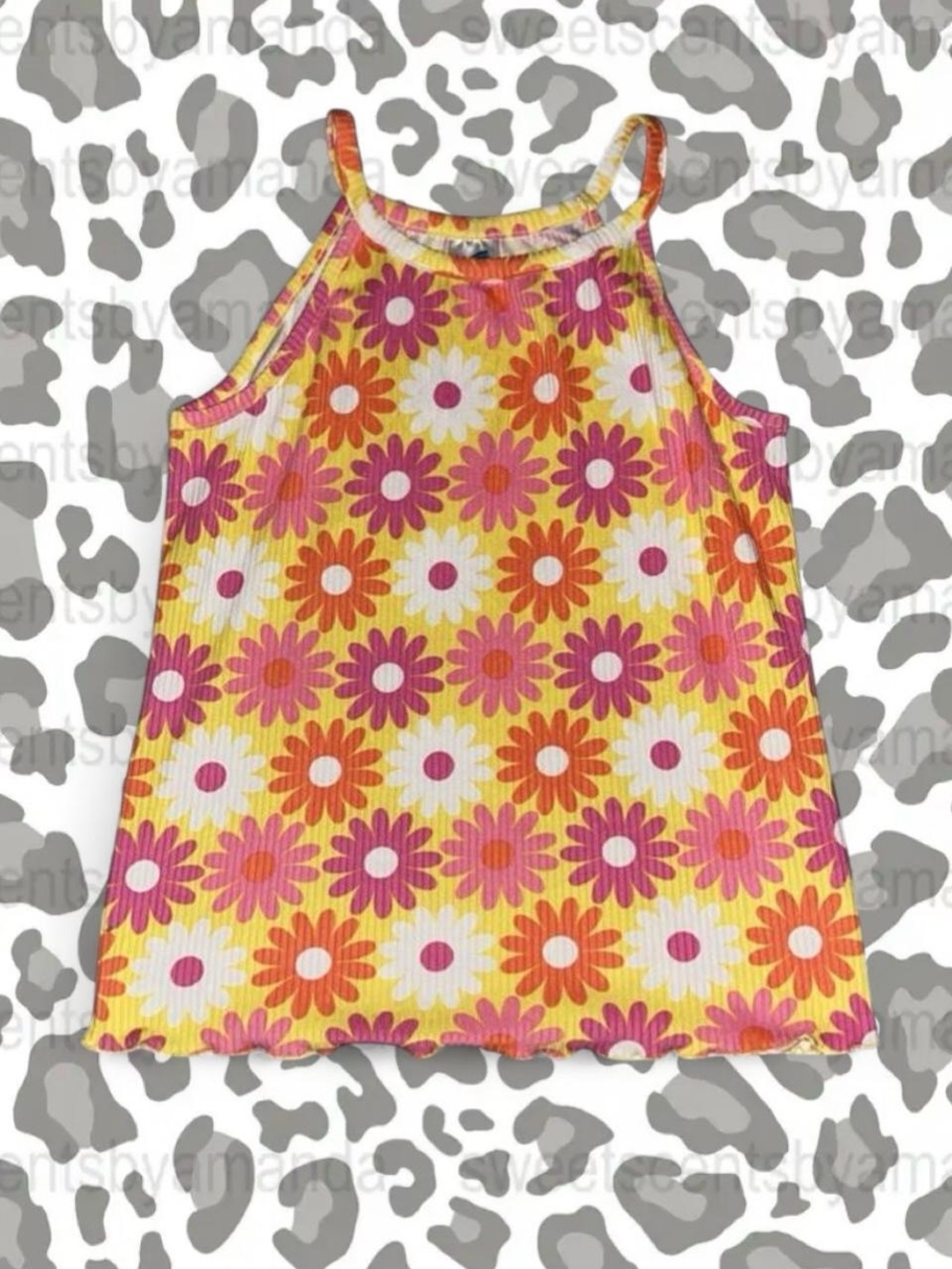 Girls' Floral Ribbed Tank Top - Yellow with Pink & Orange Flowers